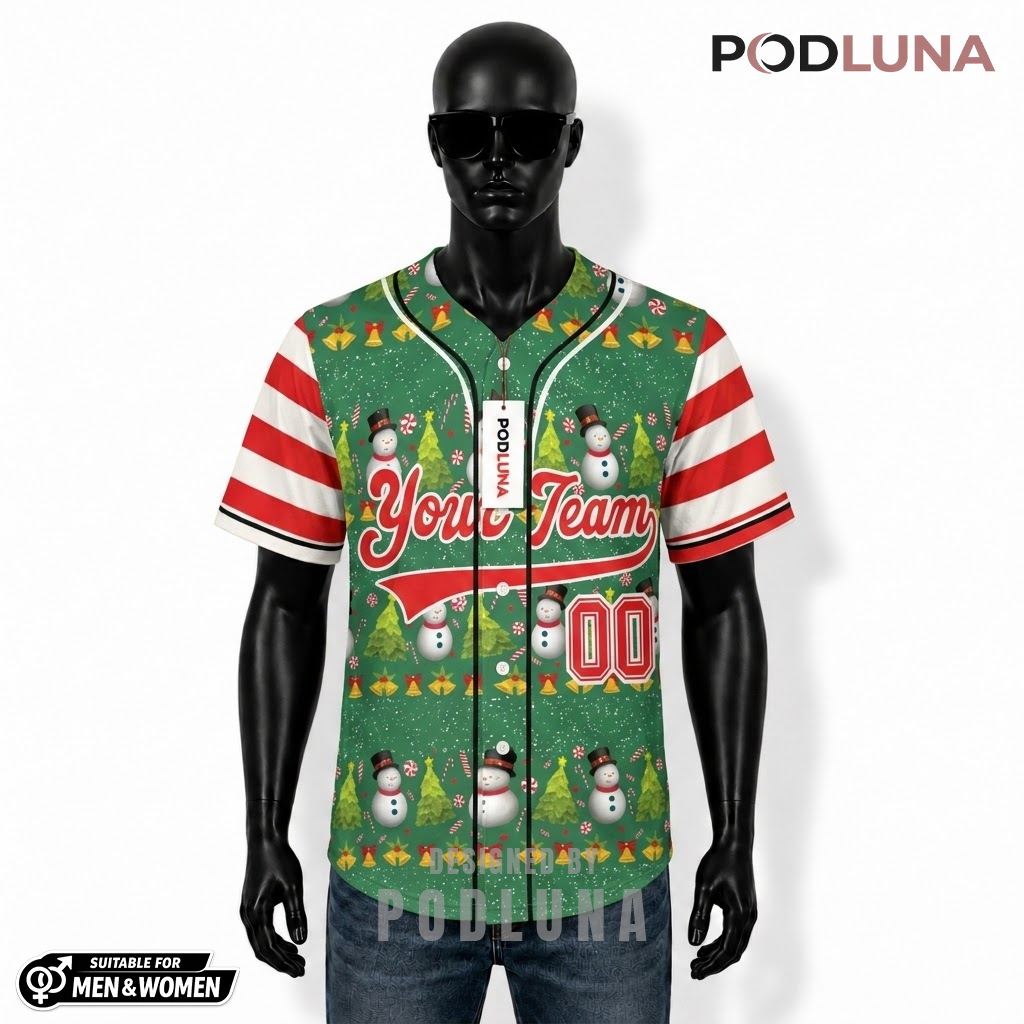 Personalized Snowman Bell Christmas Baseball Jersey Green Stripe Sleeve 1