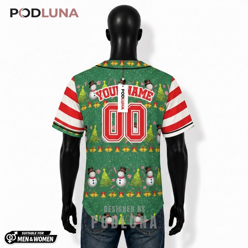 Personalized Snowman Bell Christmas Baseball Jersey Green Stripe Sleeve 2 Personalized Snowman Bell Christmas Baseball Jersey Green Stripe Sleeve 2