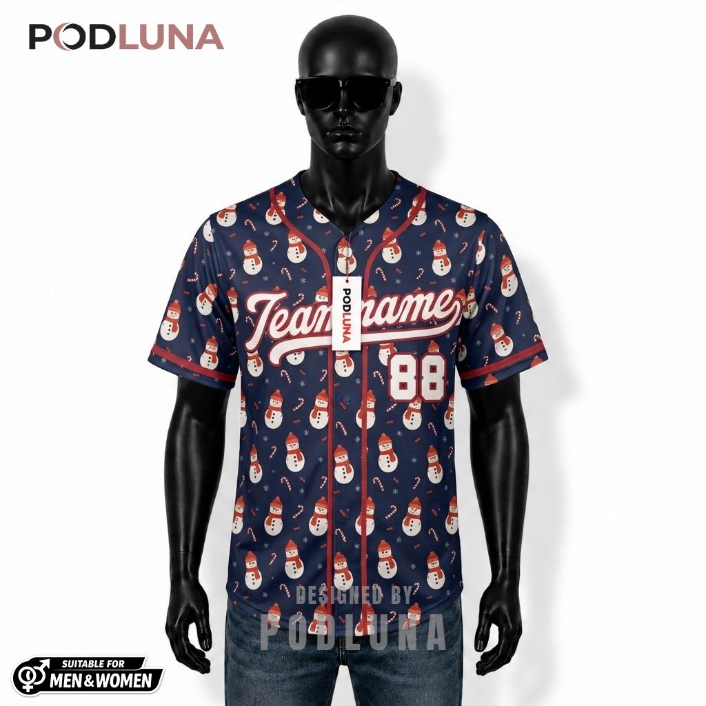 Personalized Snowman Candy Cane Christmas Baseball Jersey Navy 1