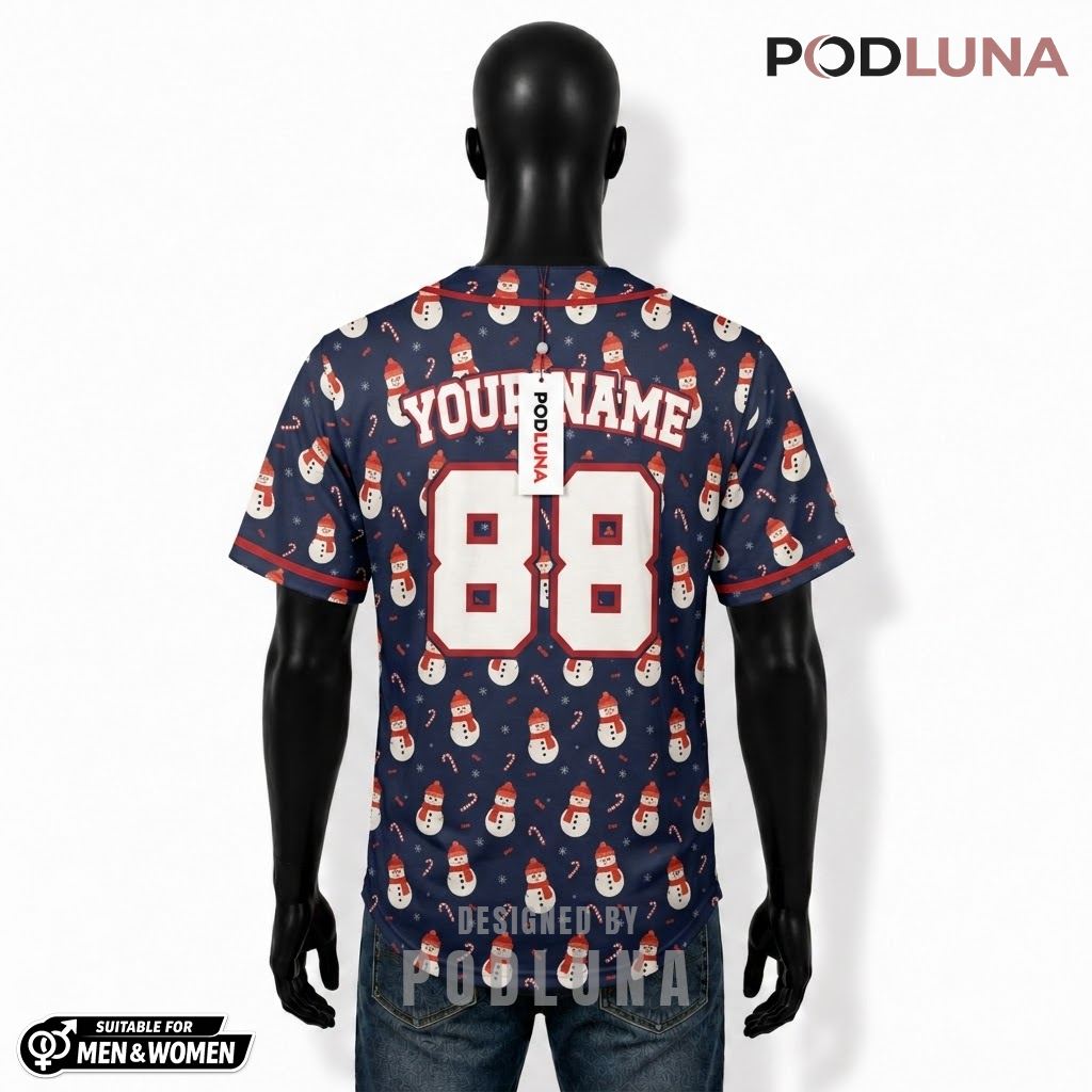 Personalized Snowman Candy Cane Christmas Baseball Jersey Navy 2 Personalized Snowman Candy Cane Christmas Baseball Jersey Navy 2