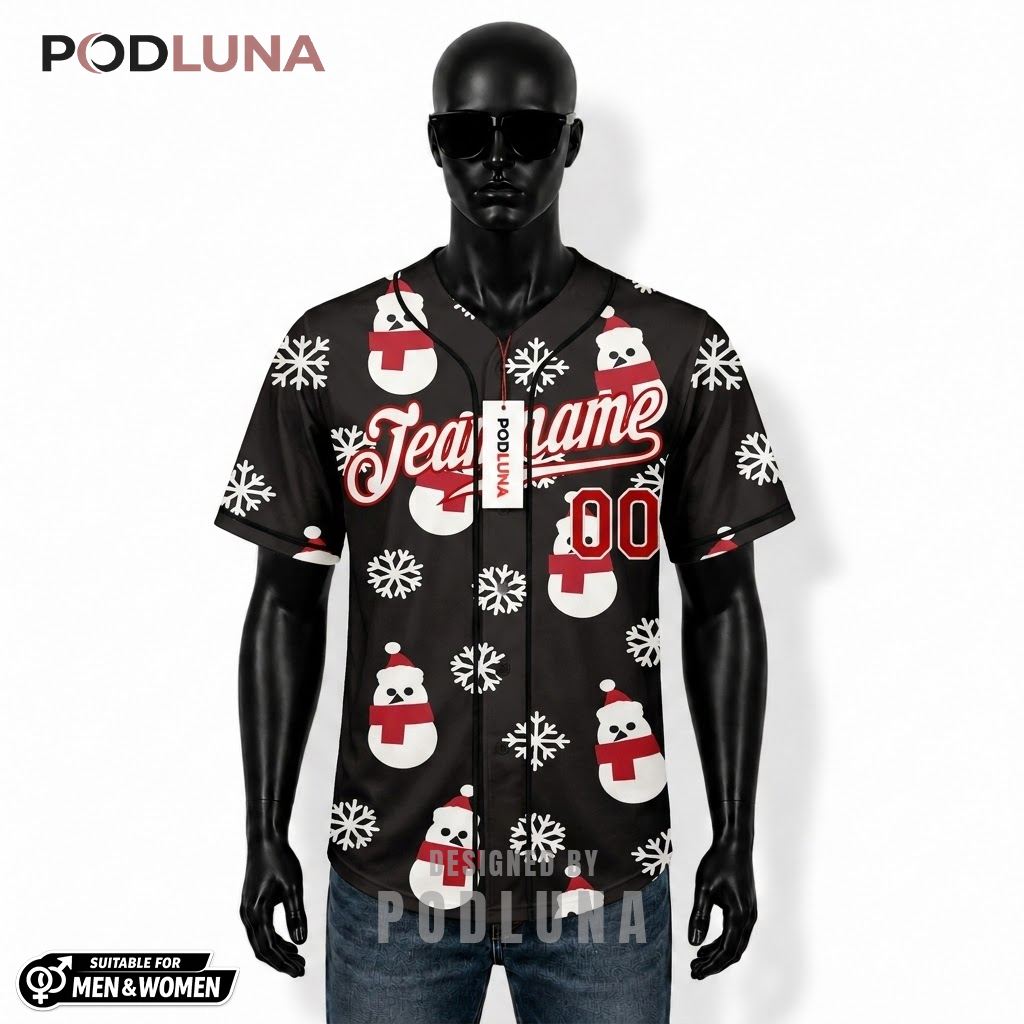 Personalized Snowman Christmas Baseball Jersey Black Red 1