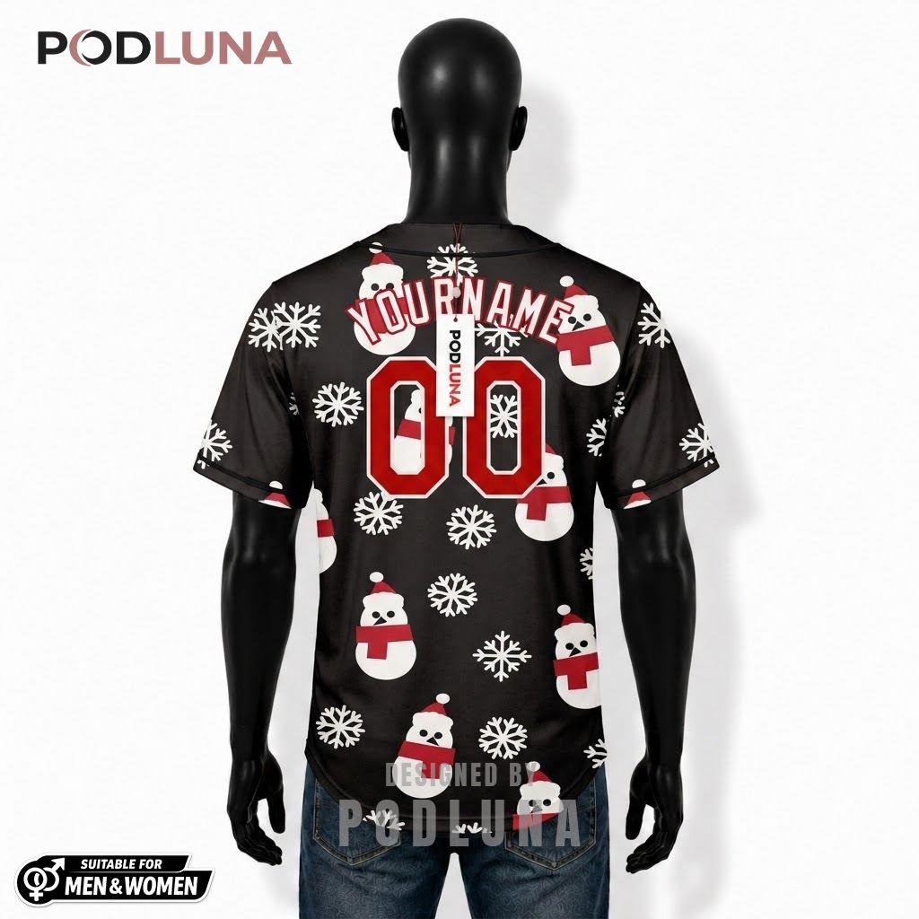 Personalized Snowman Christmas Baseball Jersey Black Red 2 Personalized Snowman Christmas Baseball Jersey Black Red 2