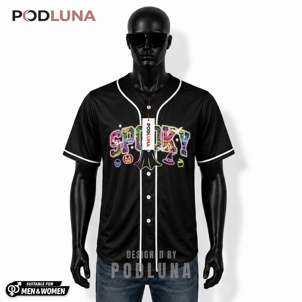 Personalized Spooky Halloween Baseball Jersey Neon Pumpkin Black 1