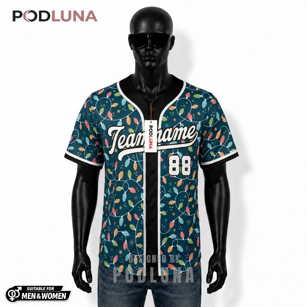 Personalized String Lights Christmas Baseball Jersey Navy 1