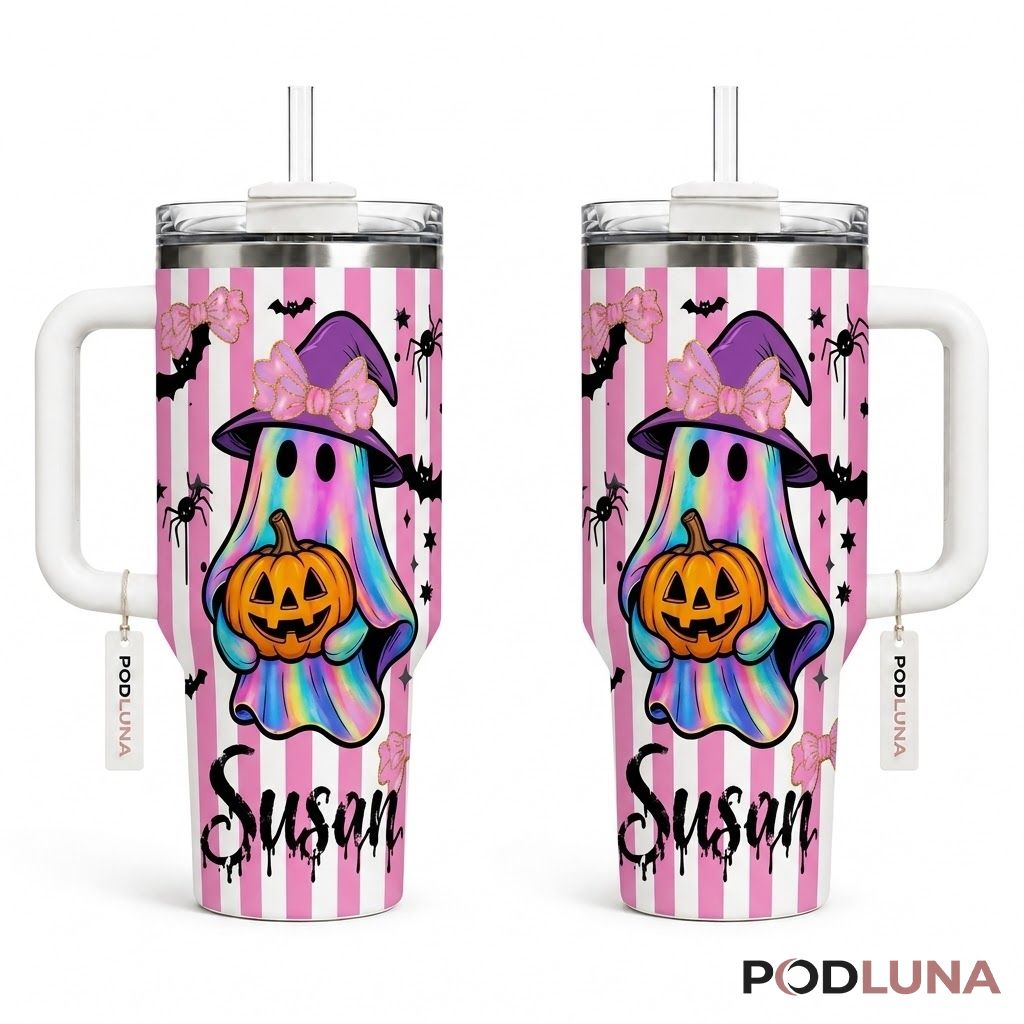 Personalized Tie Dye Halloween Tumbler 40oz Ghost Pumpkin Pink Design