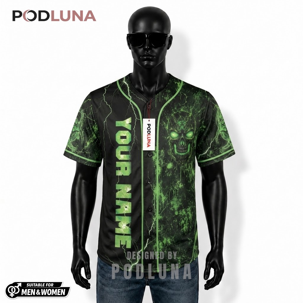 Personalized Toxic Skull Baseball Jersey Green Lightning Black 1