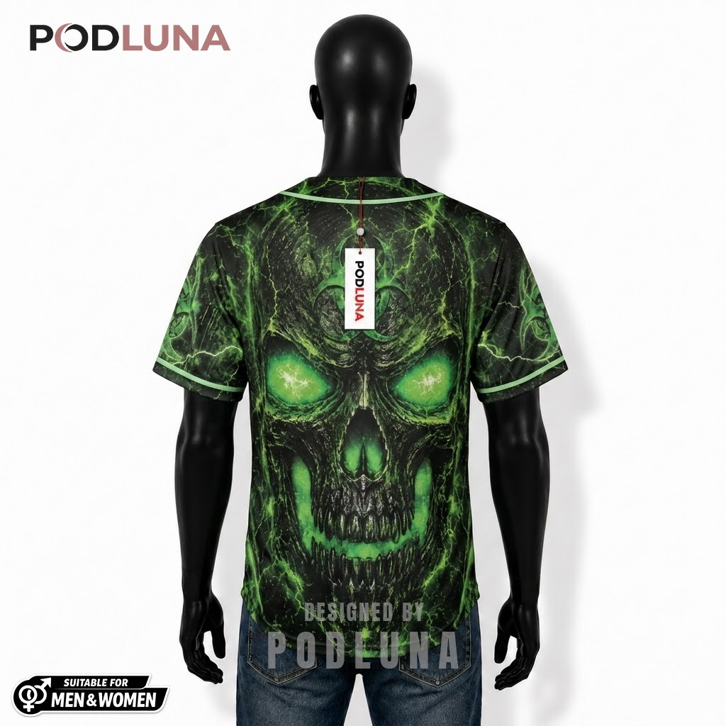 Personalized Toxic Skull Baseball Jersey Green Lightning Black 2 Personalized Toxic Skull Baseball Jersey Green Lightning Black 2
