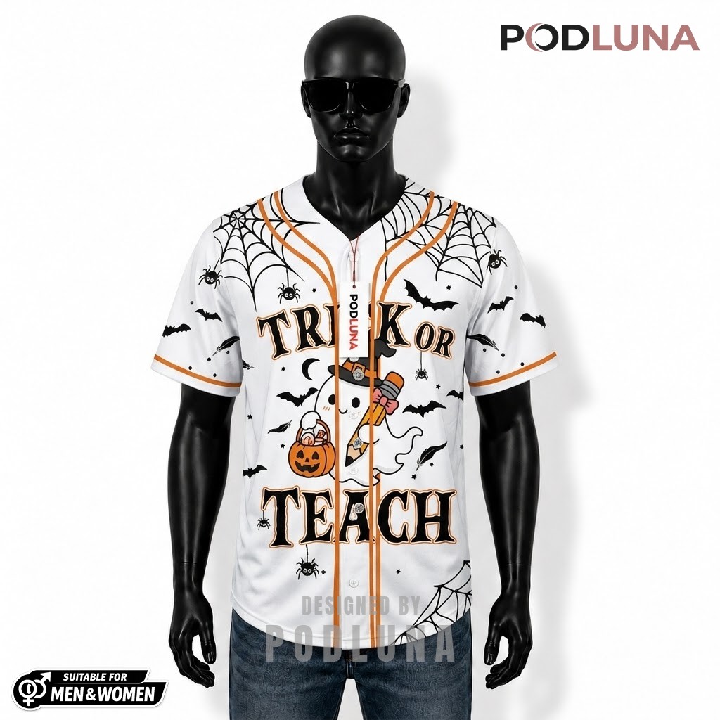 Personalized Trick Or Teach Halloween Baseball Jersey Ghost White 1