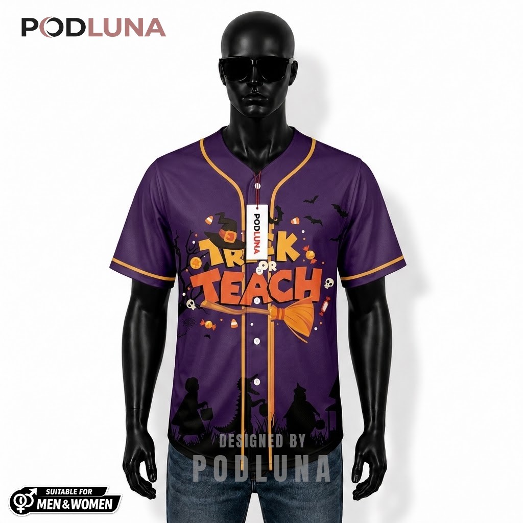 Personalized Trick Or Teach Halloween Baseball Jersey Witch Purple 1