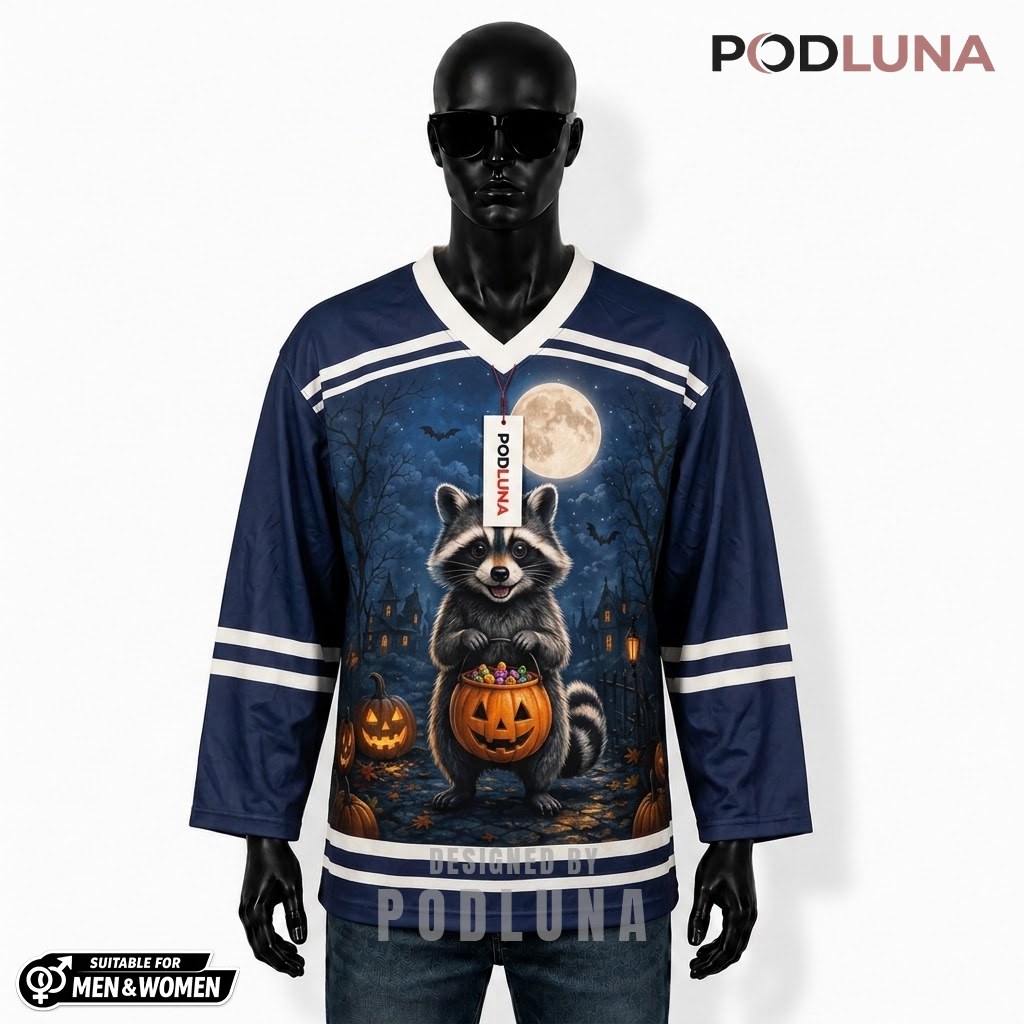 Personalized Trick Or Treat Raccoon Halloween Hockey Jersey 1