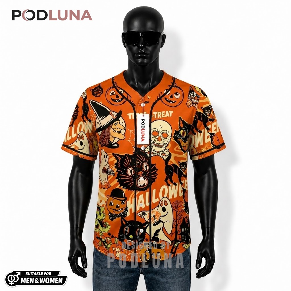 Personalized Vintage Halloween Baseball Jersey Black Cat Orange 1