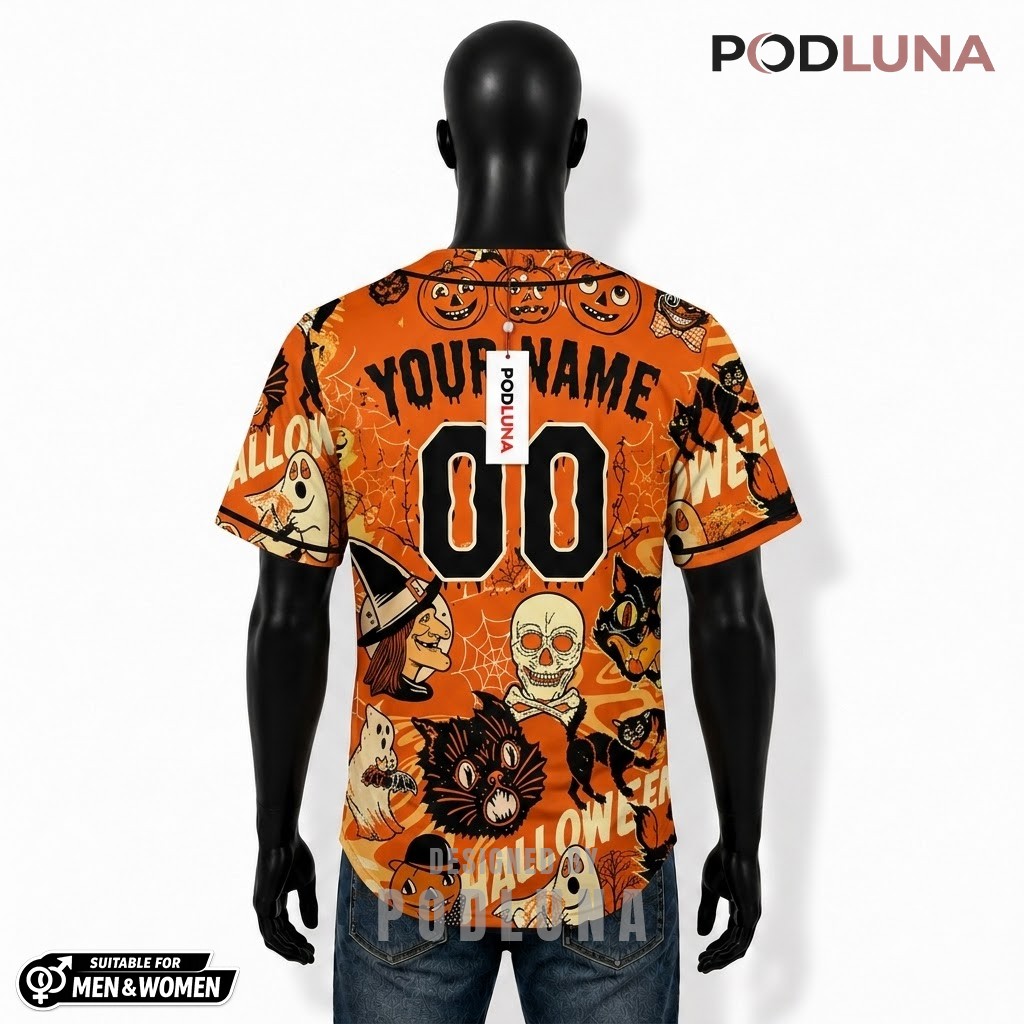 Personalized Vintage Halloween Baseball Jersey Black Cat Orange 2 Personalized Vintage Halloween Baseball Jersey Black Cat Orange 2