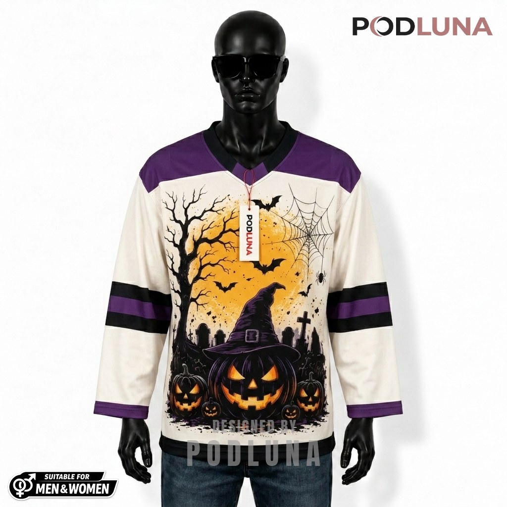 Personalized Witch Hat Pumpkin Halloween Hockey Jersey 1