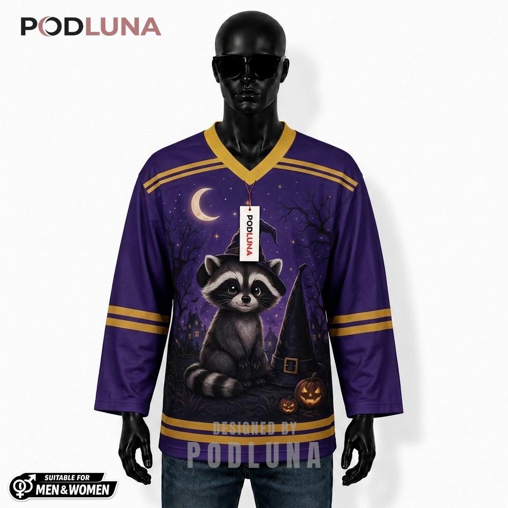 Personalized Witch Raccoon Halloween Hockey Jersey 1
