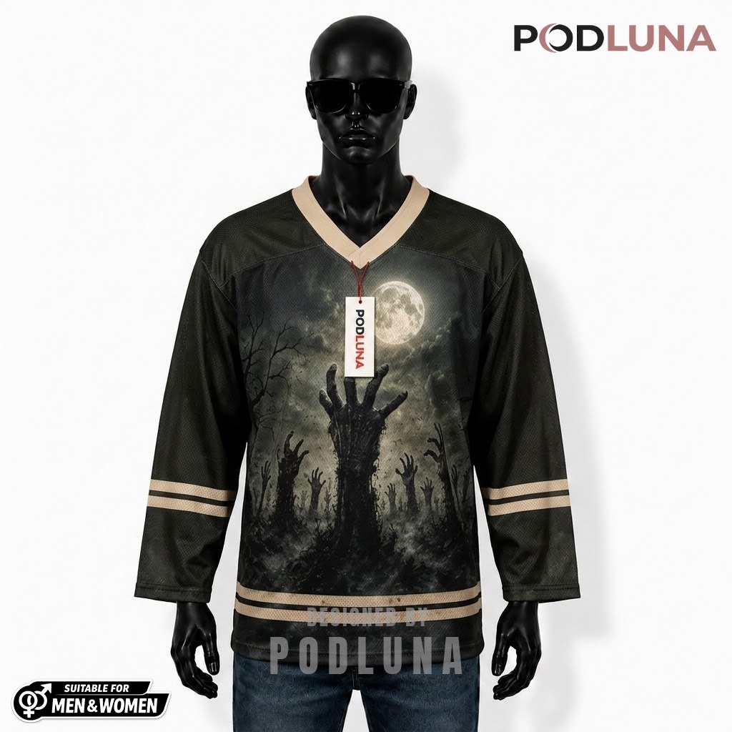Personalized Zombie Hands Halloween Hockey Jersey 1