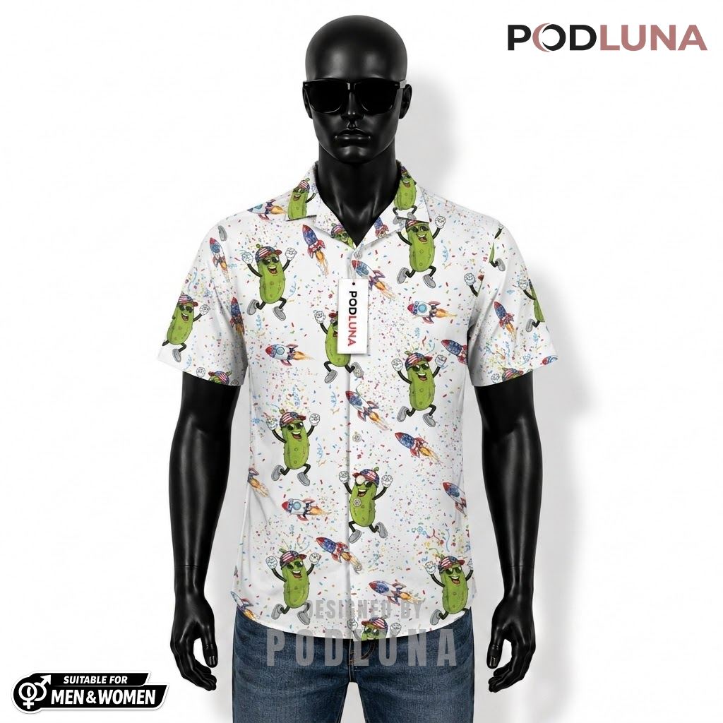 Pickle Patriotic Hawaiian Shirt USA Rocket Confetti Print Front