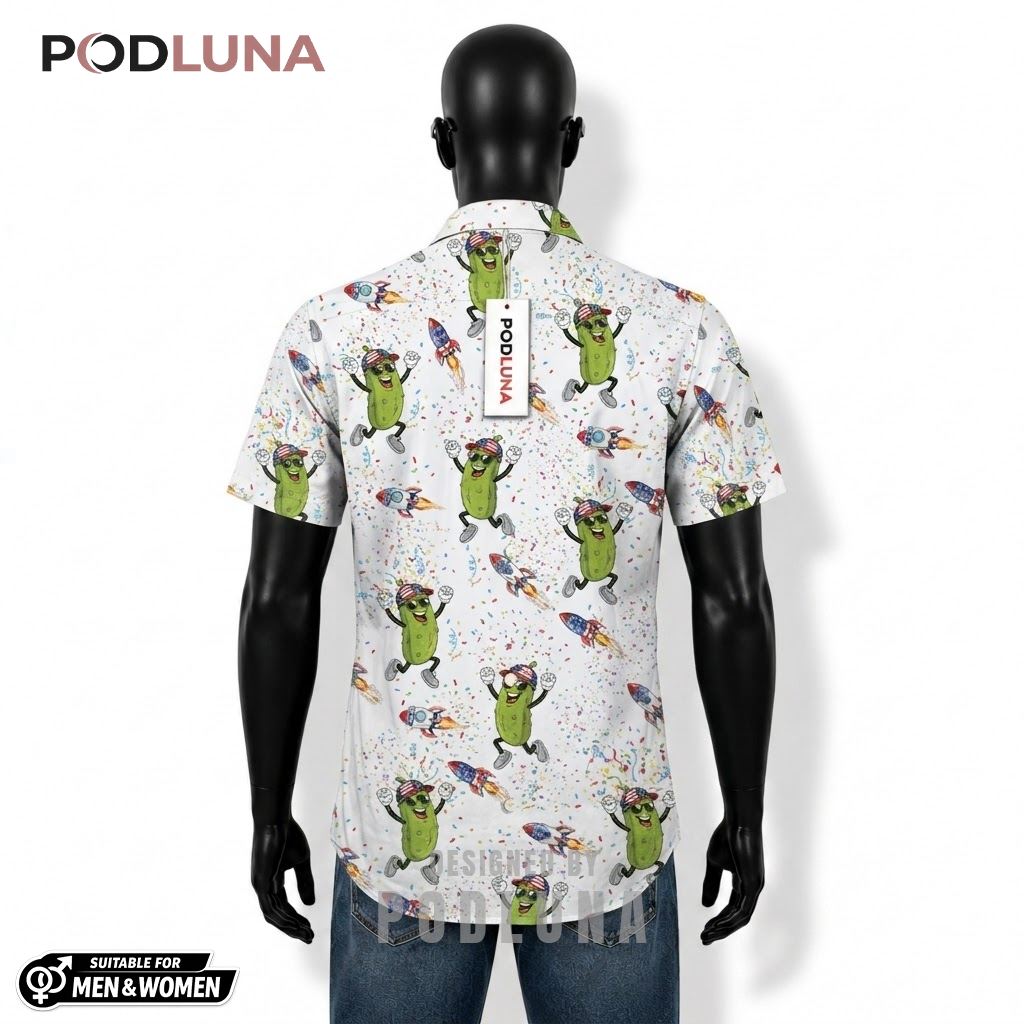 Pickle Patriotic Hawaiian Shirt USA Rocket Confetti Print Back Pickle Patriotic Hawaiian Shirt USA Rocket Confetti Print Back