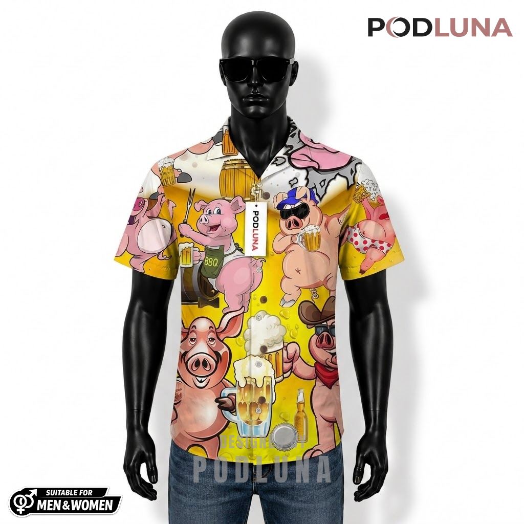 Pig Beer Hawaiian Shirt BBQ Party Yellow Pattern Front