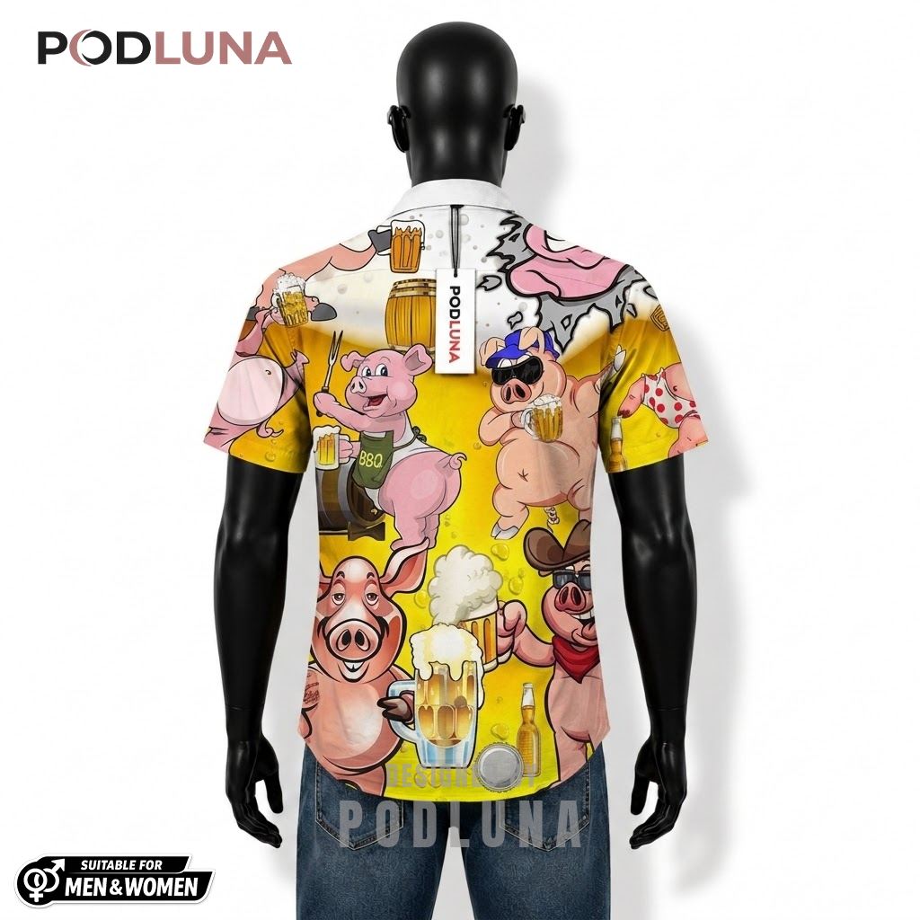 Pig Beer Hawaiian Shirt BBQ Party Yellow Pattern Back Pig Beer Hawaiian Shirt BBQ Party Yellow Pattern Back
