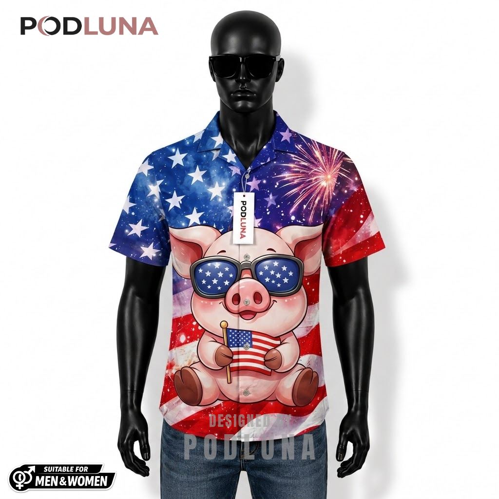 Pig Patriotic Hawaiian Shirt USA Flag Sunglasses Print Front