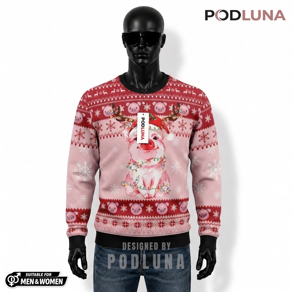 Pig Ugly Sweater Christmas Reindeer Antler Lights Pink Front