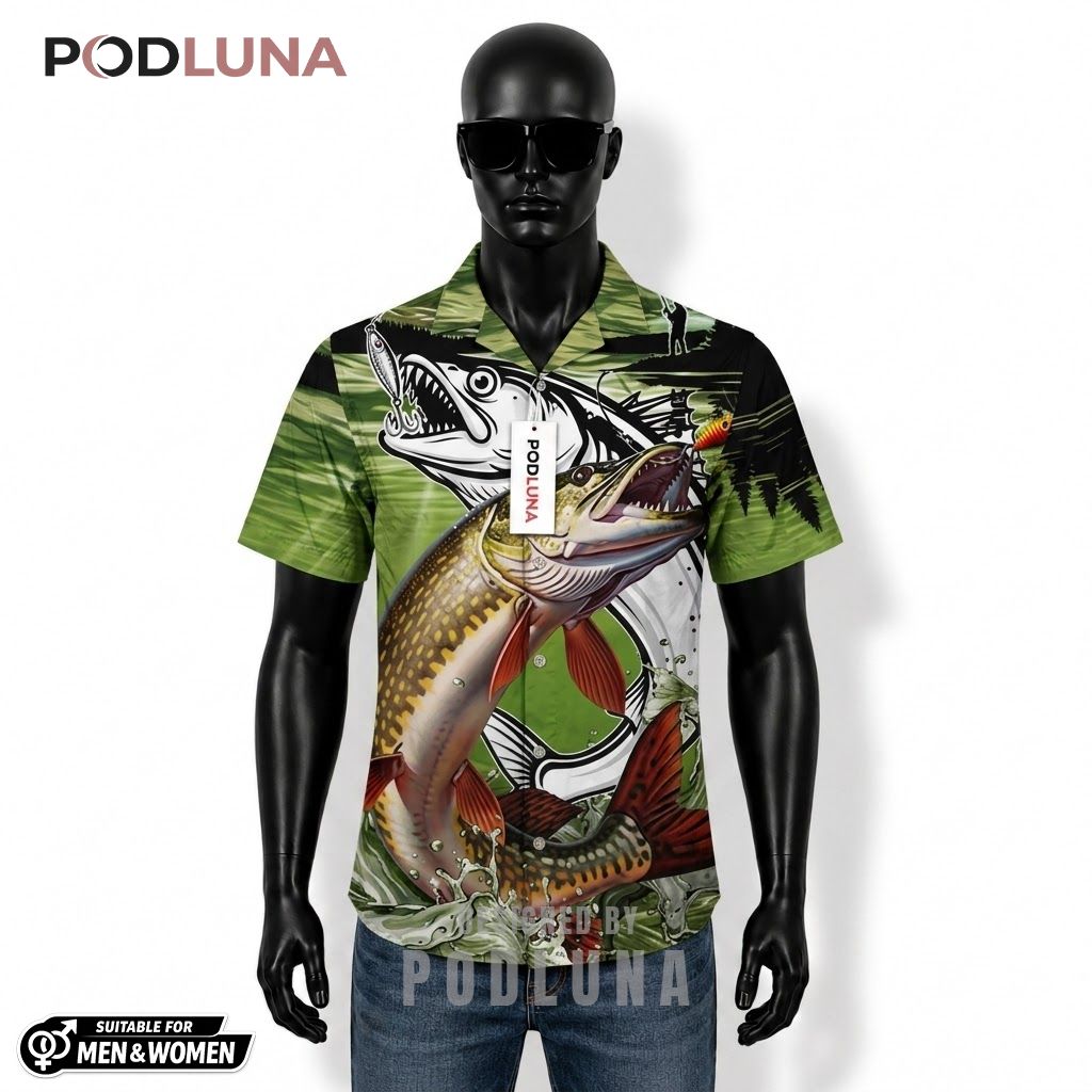 Pike Fishing Hawaiian Shirt Angler Silhouette Splash Print Front