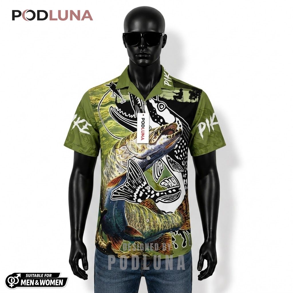 Pike Fishing Hawaiian Shirt Olive Green Lake Print Front