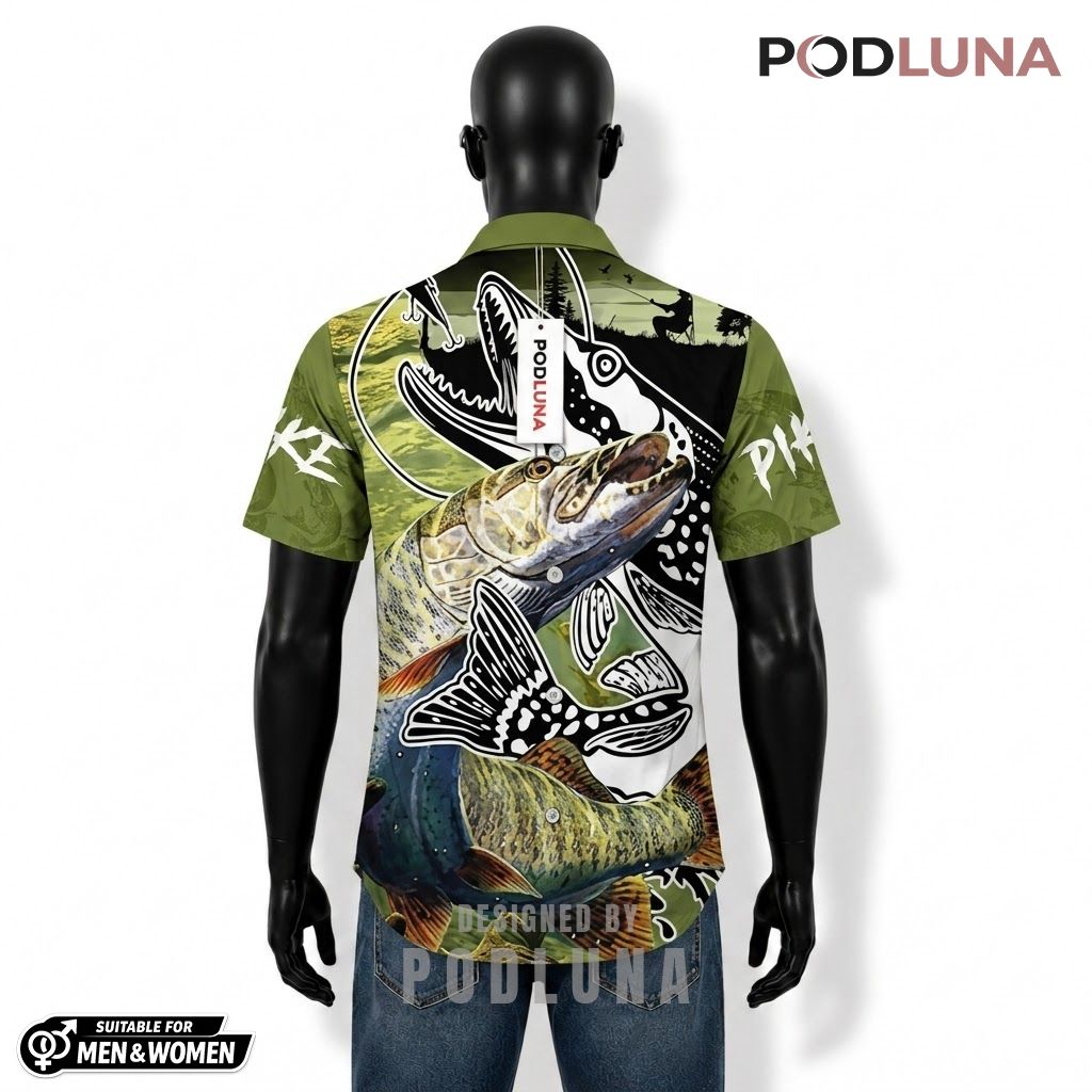 Pike Fishing Hawaiian Shirt Olive Green Lake Print Back Pike Fishing Hawaiian Shirt Olive Green Lake Print Back