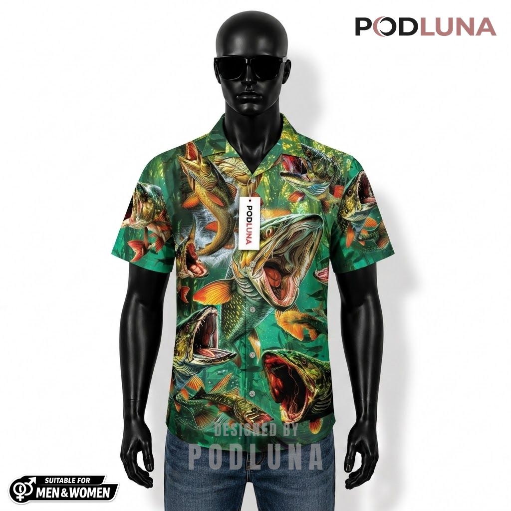 Pike Fishing Hawaiian Shirt Underwater Predator Print Front