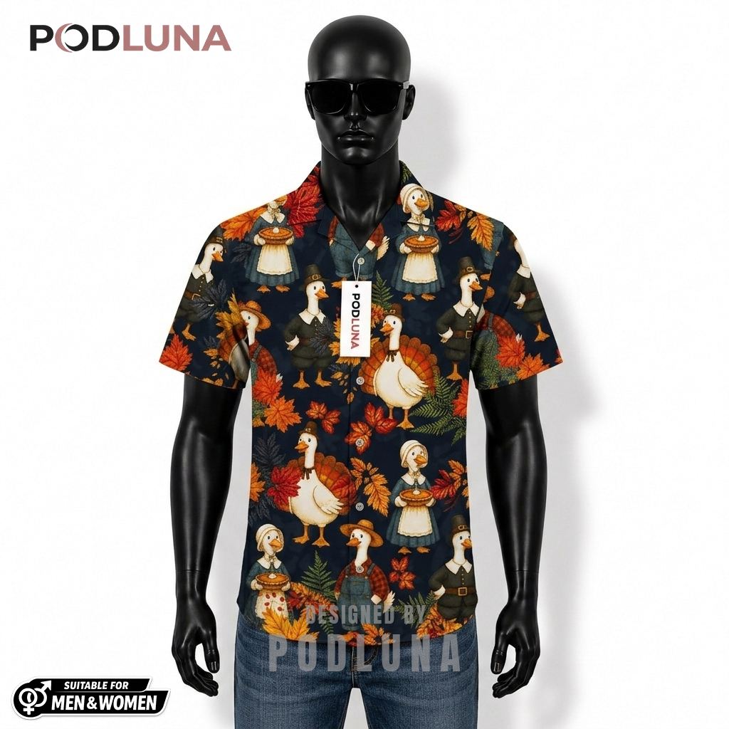 Pilgrim Duck Thanksgiving Hawaiian Shirt Autumn Leaves Dark Blue Front