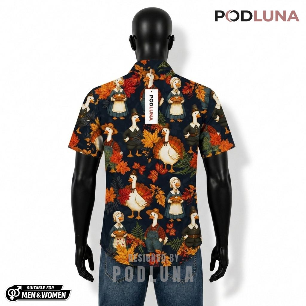 Pilgrim Duck Thanksgiving Hawaiian Shirt Autumn Leaves Dark Blue Back Pilgrim Duck Thanksgiving Hawaiian Shirt Autumn Leaves Dark Blue Back