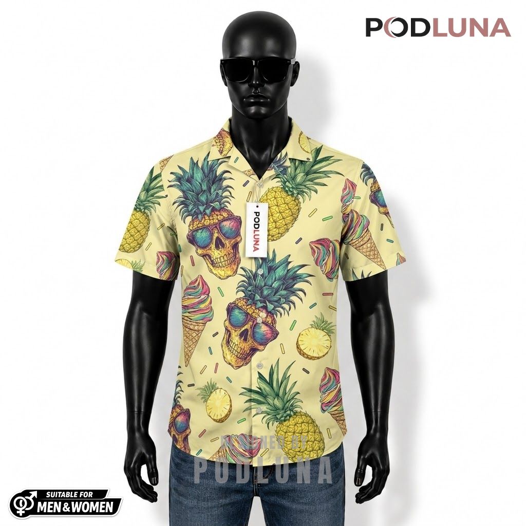 Pineapple Skull Halloween Hawaiian Shirt Ice Cream Sunglasses Front