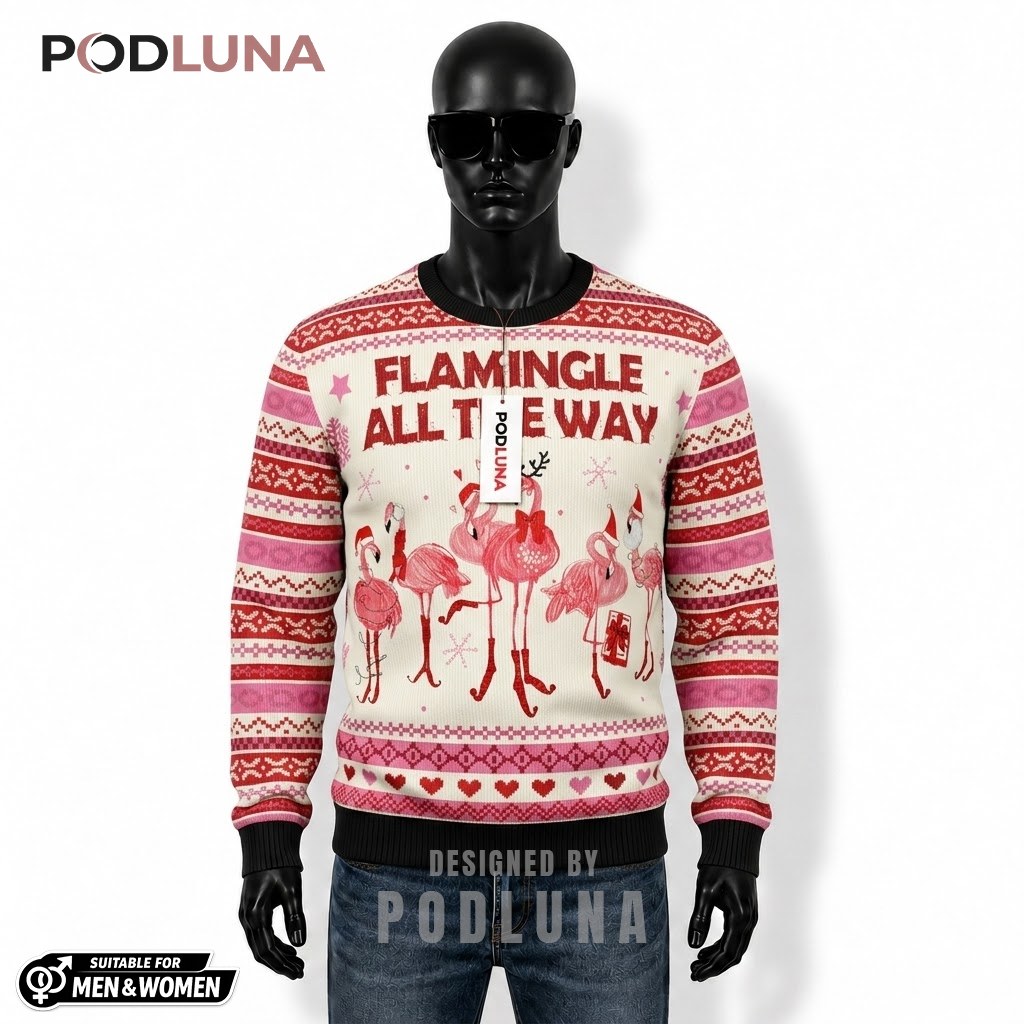 Pink Flamingo Ugly Christmas Sweater Flamingle All The Way Front