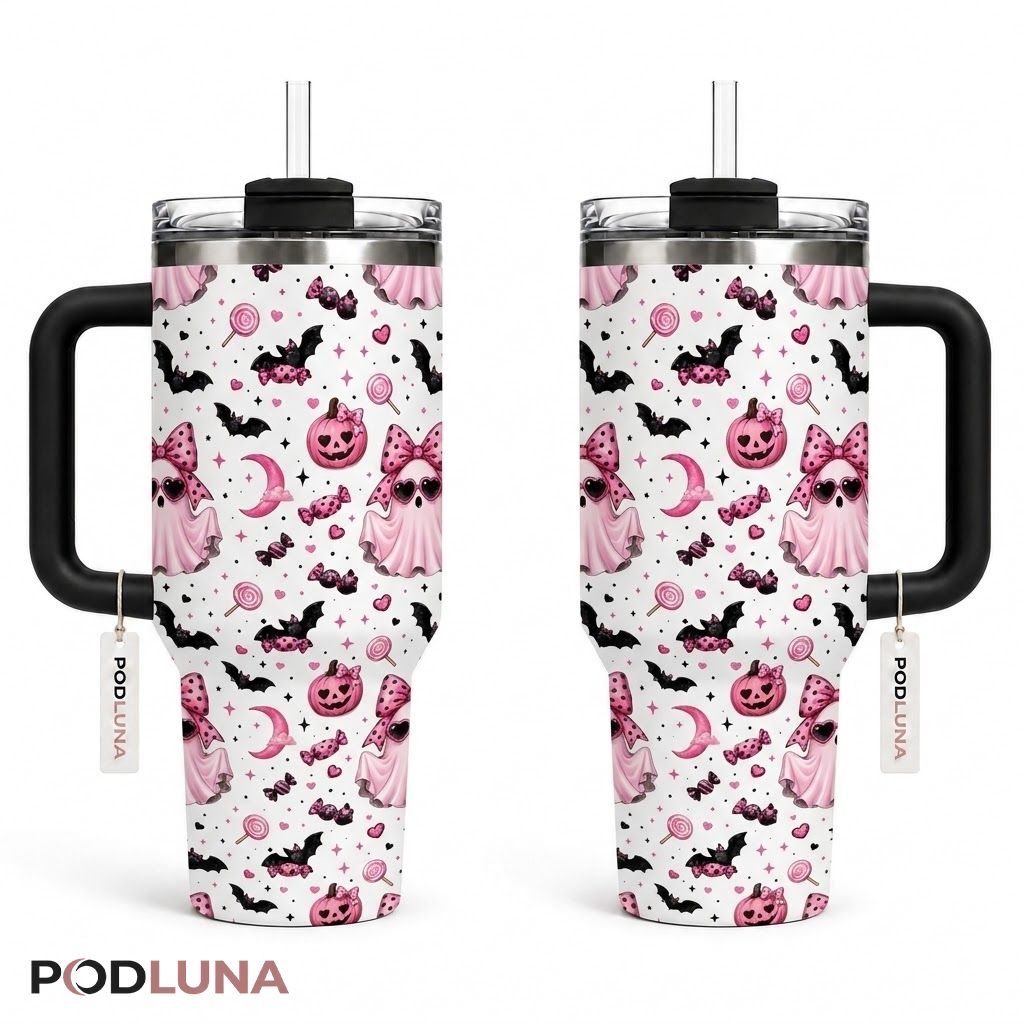 Pink Ghost Halloween Tumbler 40oz Bow Sunglasses Candy Design