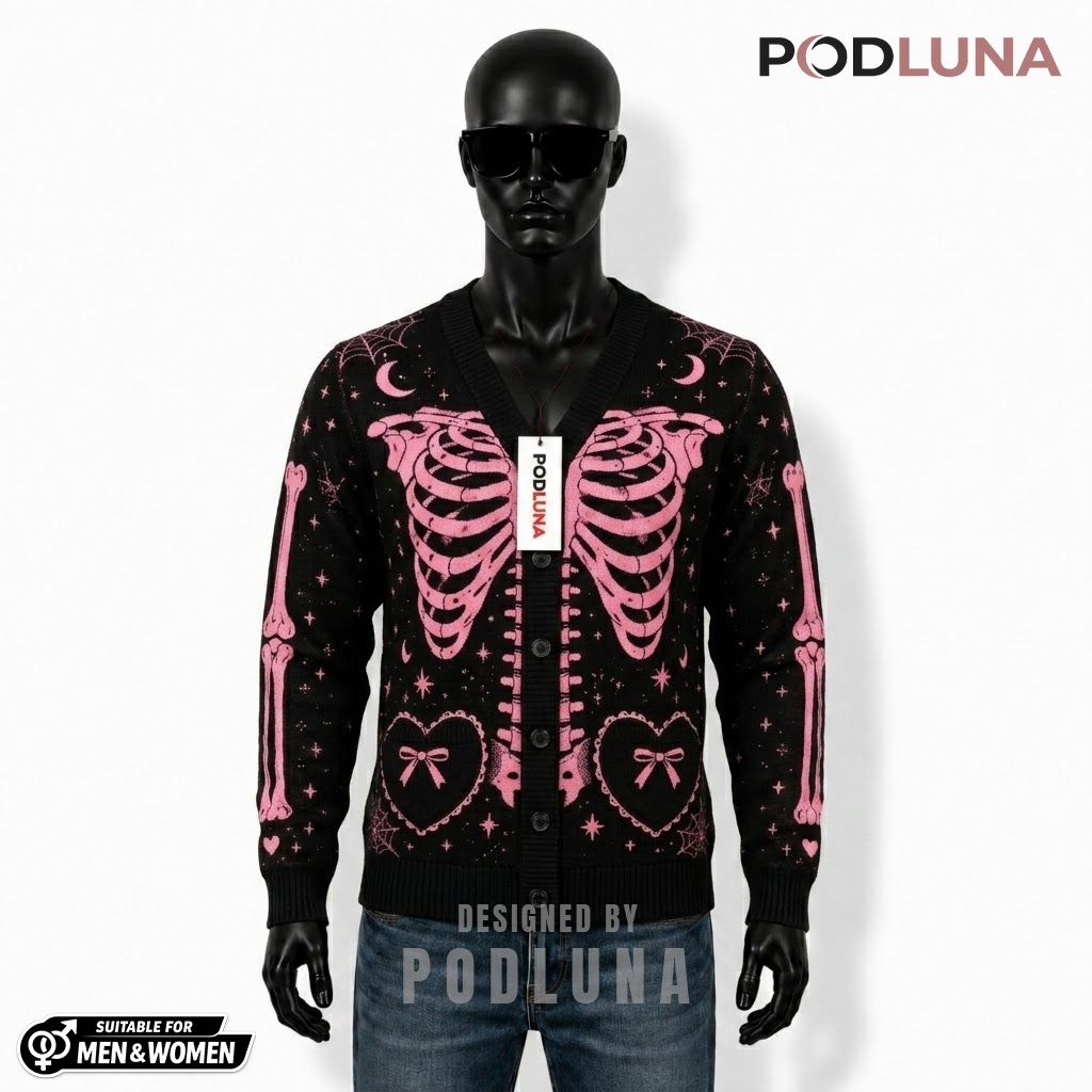 Pink Halloween Cardigan Skeleton Bow Print 1