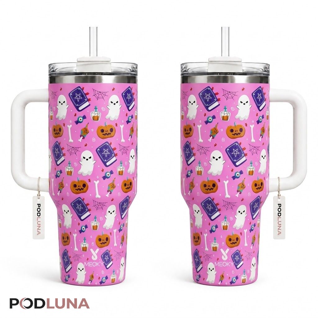 Pink Halloween Tumbler 40oz Ghost Spell Book Pumpkin Design