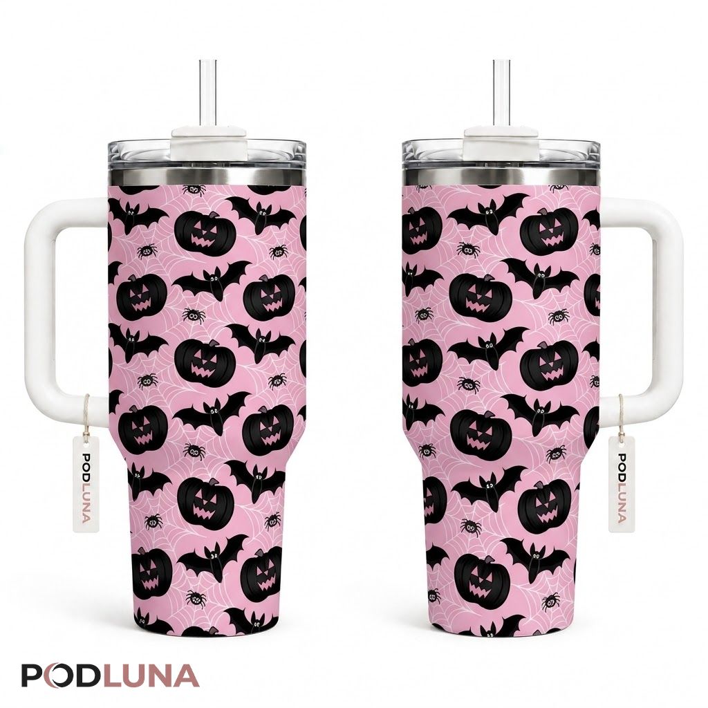 Pink Pumpkin Halloween Tumbler 40oz Black Bat Spider Web Design
