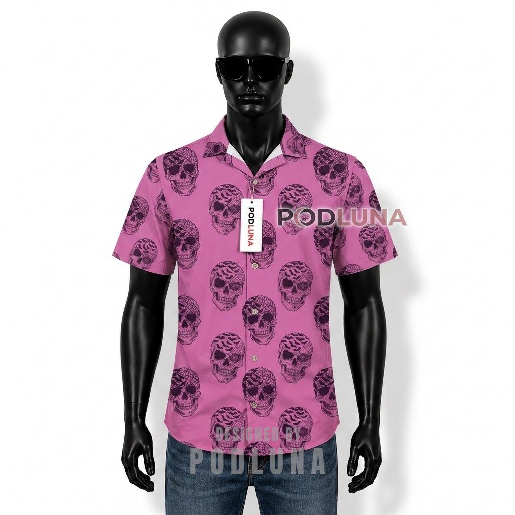 Pink Skull Print Hawaiian Shirt Front