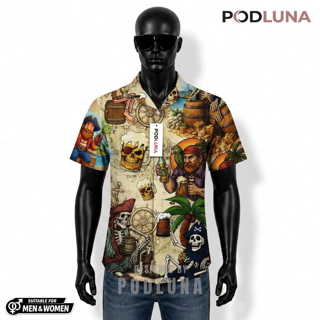 Pirate Beer Hawaiian Shirt Treasure Map Skull Pattern Front
