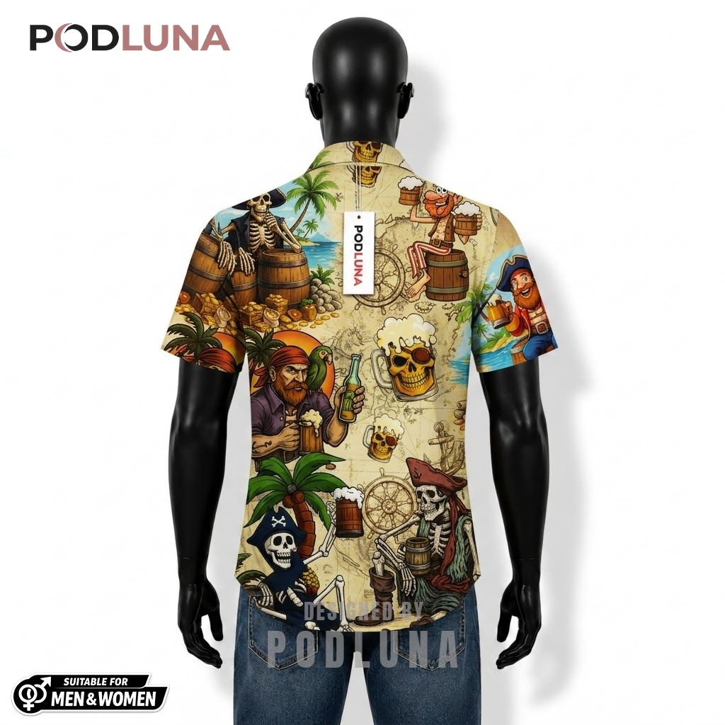 Pirate Beer Hawaiian Shirt Treasure Map Skull Pattern Back Pirate Beer Hawaiian Shirt Treasure Map Skull Pattern Back
