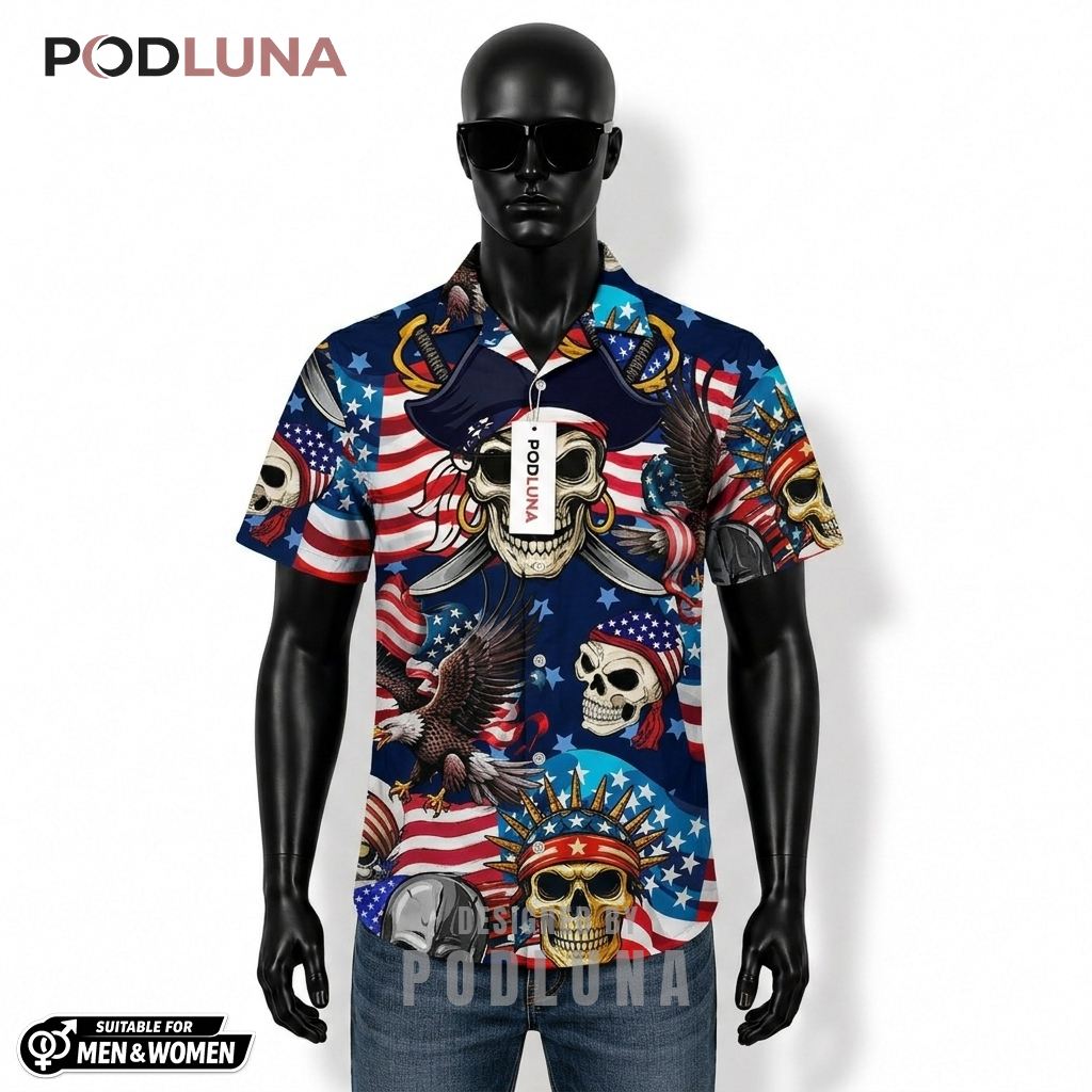 Pirate Skull Patriotic Hawaiian Shirt Eagle Flag Print Front