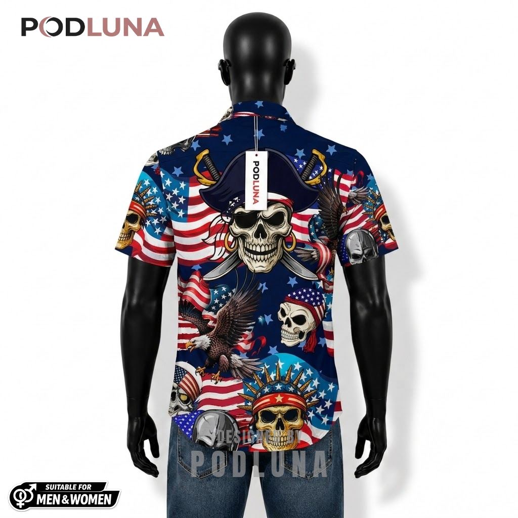 Pirate Skull Patriotic Hawaiian Shirt Eagle Flag Print Back Pirate Skull Patriotic Hawaiian Shirt Eagle Flag Print Back