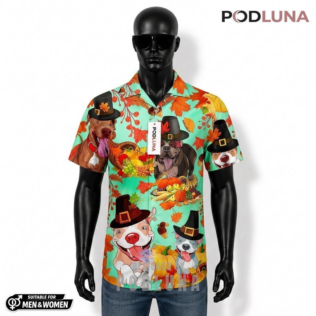 Pitbull Pilgrim Thanksgiving Hawaiian Shirt Pumpkin Autumn Leaves Mint Green Front