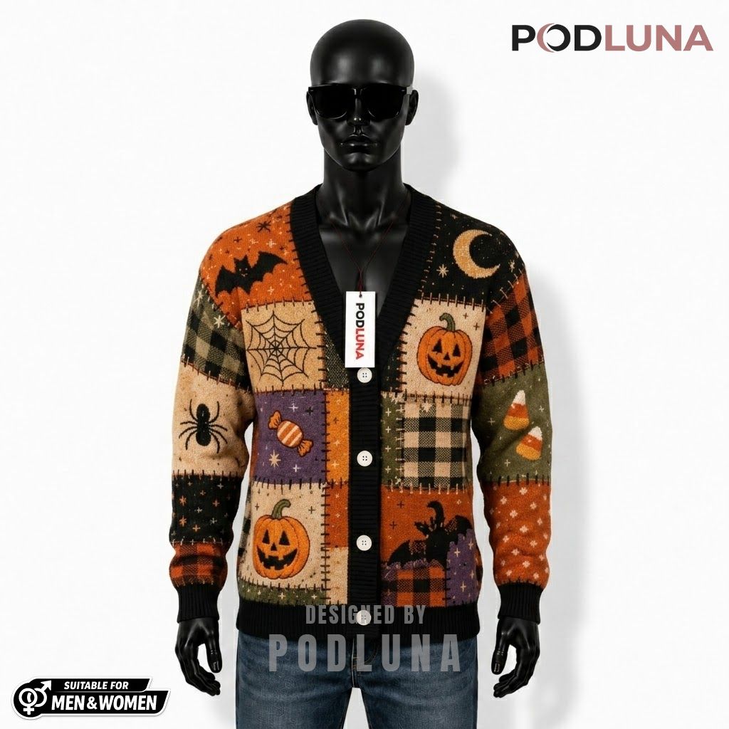 Plaid Halloween Cardigan Pumpkin Black Cat 1
