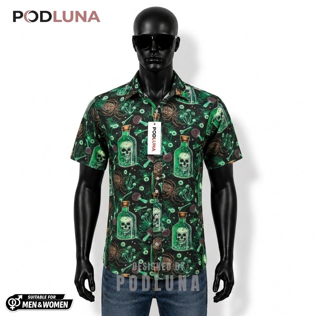 Poison Bottle Halloween Hawaiian Shirt Skull Spider Eyeball Front