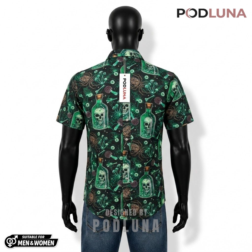 Poison Bottle Halloween Hawaiian Shirt Skull Spider Eyeball Back Poison Bottle Halloween Hawaiian Shirt Skull Spider Eyeball Back