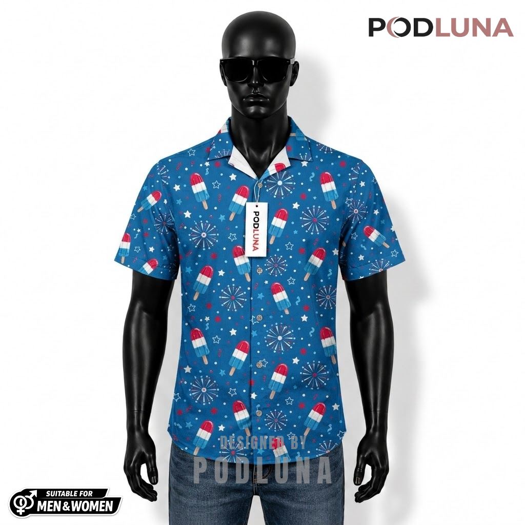 Popsicle Patriotic Hawaiian Shirt USA Fireworks Star Print Front