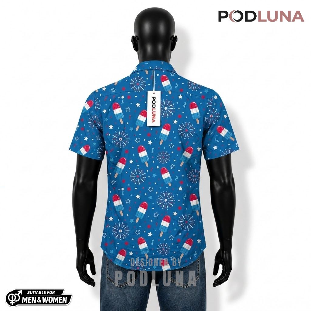 Popsicle Patriotic Hawaiian Shirt USA Fireworks Star Print Back Popsicle Patriotic Hawaiian Shirt USA Fireworks Star Print Back