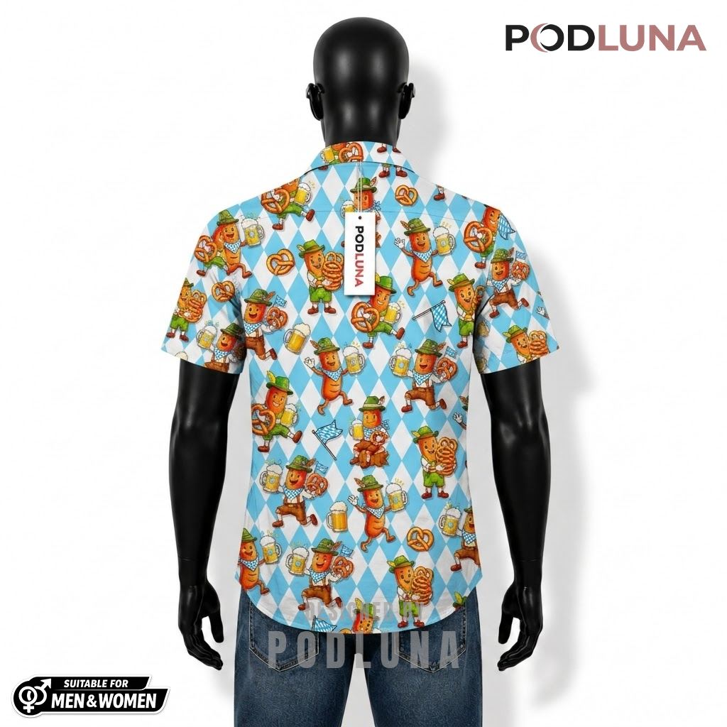 Pretzel Beer Hawaiian Shirt Bavarian Cartoon Pattern Back Pretzel Beer Hawaiian Shirt Bavarian Cartoon Pattern Back