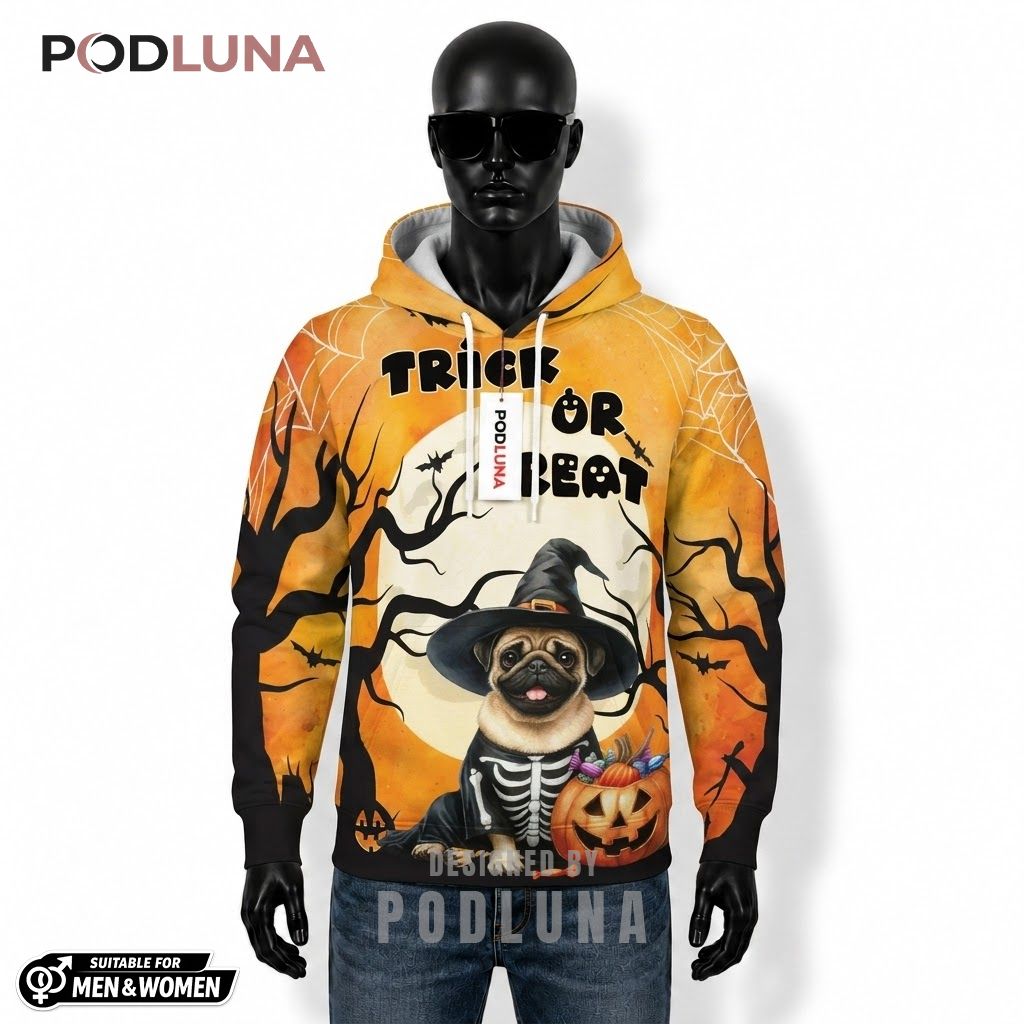 Pug Dog Halloween 3D Hoodie Trick Or Treat Witch Hat 1